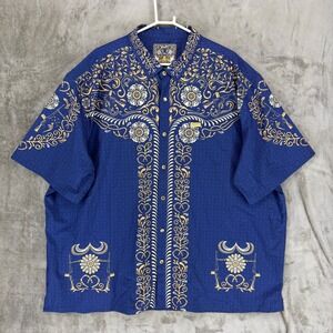 Retro Rifle Los Charro Mens 4XL Blue Gold Western Stretch Snap Button Shirt